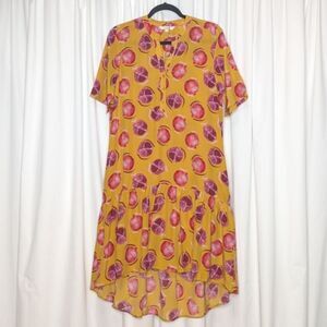 Tucker NYC Laura Dress Lime Pomegranate in Crepe de Chine Fruit Print Ruffle Hem